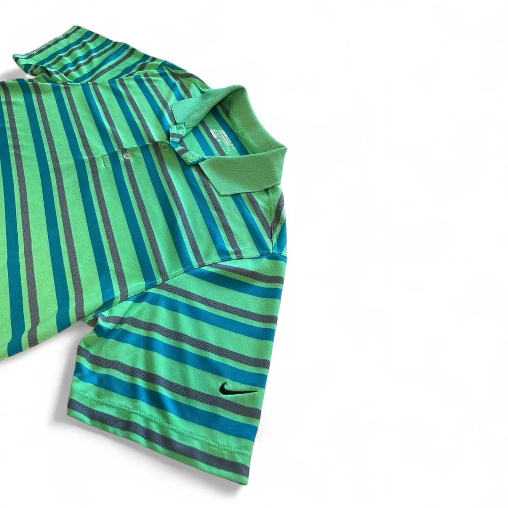 Men’s Nike Golf Tour Performance Green Blue Purple Striped Polo Shirt, Medium